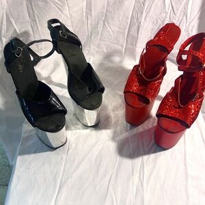 Two sets of heels size 10 red and black .